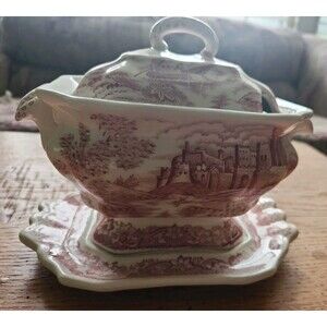 Vintage Red Transferware Sauce Tureen with Lid & Underplate Castle Boat Pattern